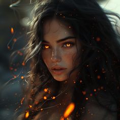 a woman with long hair and glowing eyes looks at the camera while surrounded by fire