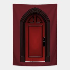 a red door with an arch on the side and a black handle in front of it