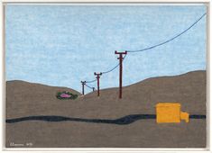 a drawing of a yellow chair sitting in the middle of a field with power lines