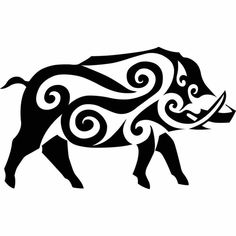 a black and white pig with swirly designs on it's body, standing in front of a white background