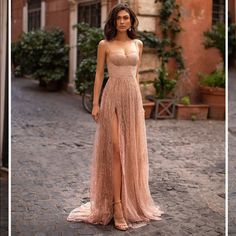 Stunning Rose Gold Gown, Brand New With Tag! Very Elegant And Stylish Gold Wedding Gowns, Dress Display, فستان سهرة, Split Dress, Evening Dresses Elegant, A Line Gown, Trendy Clothes For Women, Long Prom Dress, Prom Gown