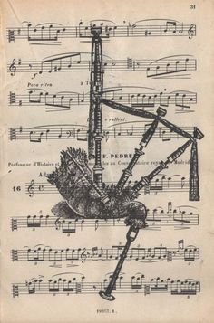 an old sheet with music notes on it and a drawing of a bird in the middle