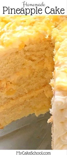 a close up of a piece of cake on a plate with the words homemade pineapple cake