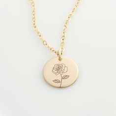 "Personalized Birth Flower Necklace, choose from 12 different flowers including Poppy, Rose, and Daisy! It's great for layering, a wonderful minimalist piece, perfect gift for your wife, girlfriend, chirstmas gift or simply to treat yourself! Engraved and hand assembled with care and love, it comes in 14k gold fill, rose gold fill, or sterling silver. HOW - TO - ORDER 1. Select your options from the drop down menu see photo for font styles and symbol options 2. Chain length options are 16\", 18\ Rose Flower Charm Necklace For Mother's Day, Rose Necklace With Flower Charm For Mother's Day, Rose Valentine's Day Necklace With Flower Charm, Dainty Rose Flower Jewelry, Valentine's Day Rose Gold Flower Charm Necklace, Dainty Flower-shaped Rose Jewelry, Rose Gold Flower Charm Necklaces, Dainty Flower Shaped Rose Jewelry, Dainty Rose Design Necklaces For Mother's Day