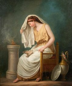 a painting of a woman sitting on a chair with her head down and holding a bird in her hand