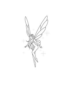 a black and white line drawing of a fairy with her wings spread out in the air