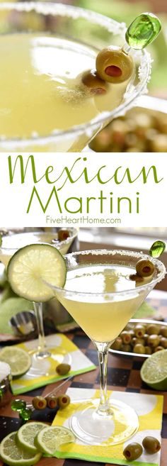 two martinis with olives and lime on the side