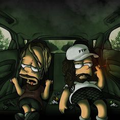 two cartoon characters sitting in the back of a car