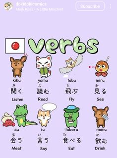 an english language poster with various animals and words in different languages, including the word verbs