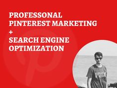 a man standing next to a dog on top of a red cover with the words professional pinterest marketing search engine optimi