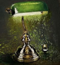 an oil painting of a green lamp with a cat on the table next to it