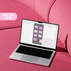 an open laptop computer sitting on top of a pink couch with the text for just $ 29 99