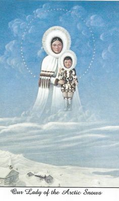 an angel with two children standing in front of a blue sky and snow covered ground