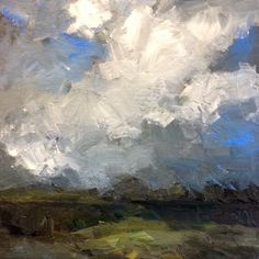 an oil painting of clouds over a field