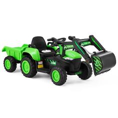 a green and black toy tractor on a white background