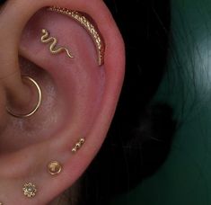 an ear with three different types of piercings attached to the side of its ear