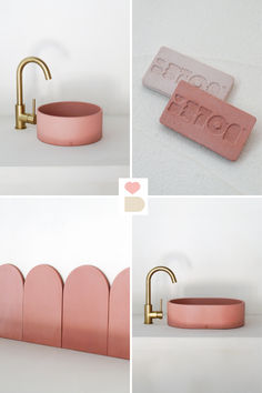 four different images of pink soap dispensers, with gold faucets