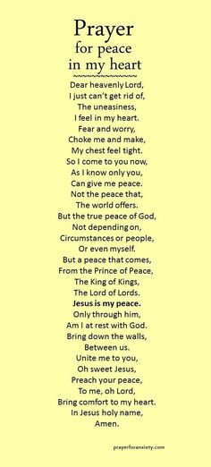 a poem that reads prayer for peace in my heart