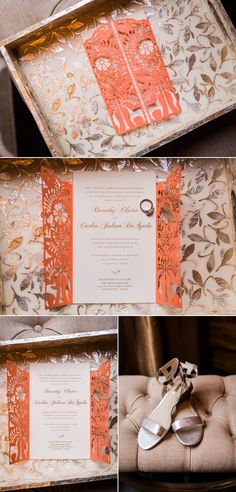 an orange and white wedding stationery is displayed on a tray with utensils