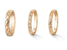 three different types of gold wedding rings with diamonds on the inside and outside of them