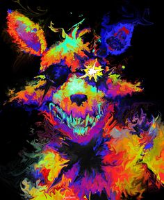 an abstract painting of a bear's face with bright colors and stars on it