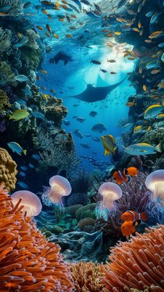 an underwater scene with many different types of fish and corals on the ocean floor