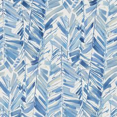 an abstract blue and white wallpaper with large, thin leaves on the left side