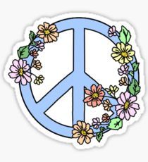 a peace sign with flowers and leaves around it on a light blue background sticker