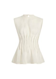 "Find KHAITE Westin Pleated Silk Top on Editorialist. Khaite \"Westin\" top with pleated waist Round neckline; button back Sleeveless Fitted Pullover style Silk Dry clean Made in Italy" Chic Pleated Silk Top, Chic Silk Pleated Top, Elegant Pleated Silk Tops, Elegant Sleeveless Pleated Top, Chic Pleated Waist Spring Tops, Chic Sleeveless Top With Bust Darts, Chic Summer Tops With Pleated Waist, Fitted Tops With Folds For Spring, Spring Fitted Tops With Folds