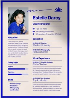 a blue and white resume with an image on the front, side and back panel