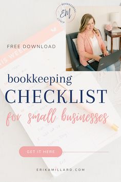 a woman sitting in a chair with her laptop on top of it and the words, bookkeepering checklist for small businesses