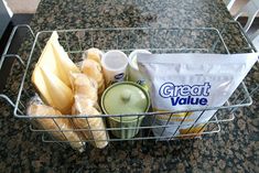 a basket filled with food sitting on top of a counter