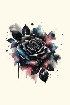 a black and white rose with stars on it's back side, painted in watercolor