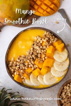 mango smoothie bowl with bananas and granola