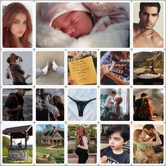 a collage of photos with people and animals in them, including a baby's head