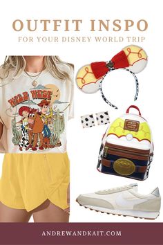 a woman wearing yellow shorts and white shirt with the words, outfit inspired for your disney world trip