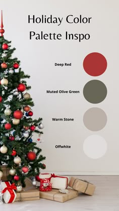 a christmas tree with presents under it and the words holiday color palette inspo