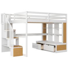 a white loft bed with stairs and desk underneath it, against a white background that is also used for storage