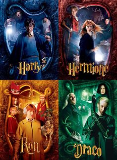 four harry potter movie posters are shown in three different colors and sizes, each with their own character