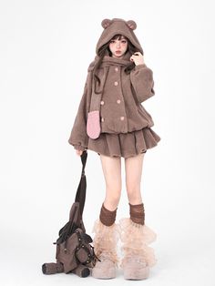 Size: L, Color: Brown Skirt References Poses, Kawaii Outfits, Fluffy Skirt, Style Kawaii, Pose References, Brown Skirt, Brown Outfit, Hooded Scarf, Character Inspo