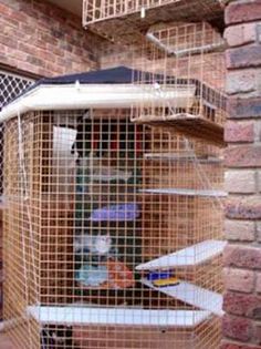 a bird cage filled with lots of birds in front of a brick wall and door