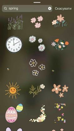 an iphone screen with some stickers and flowers on the phone, including a clock