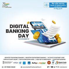 an advertisement for digital banking day with money coming out of a mobile phone and stacks of coins