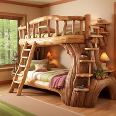 a wooden bunk bed with a tree stump like structure on the bottom and stairs leading up to it