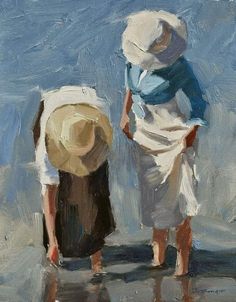 an oil painting of two women in white dresses and straw hats looking at the water