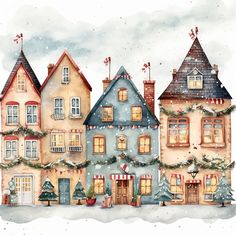 a watercolor painting of houses with christmas decorations on the windows and trees around them