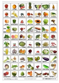 an image of fruits and vegetables in the english language, with pictures on each side