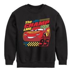 Max out his casual style with this boys' Cars The Champ Lightning McQueen Fleece. © Disney / Pixar FEATURES Crewneck Long sleevesFABRIC & CARE Solid colors: cotton; Heather colors: cotton, polyester Machine wash Imported Size: Medium. Color: Black. Gender: male. Age Group: kids. Material: Polyester|Cotton. Disney Pixar Cars, Pixar Cars, Lightning Mcqueen, Fleece Sweatshirt, Disney Pixar, Pixar, Casual Style, Solid Colors, Age Group