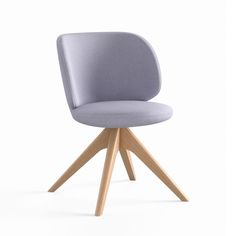 an upholstered grey chair with wooden legs