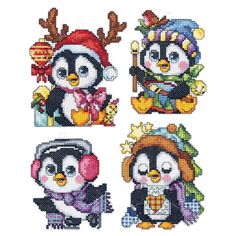 four penguins with hats and scarfs are shown in this cross stitch pattern, one penguin is